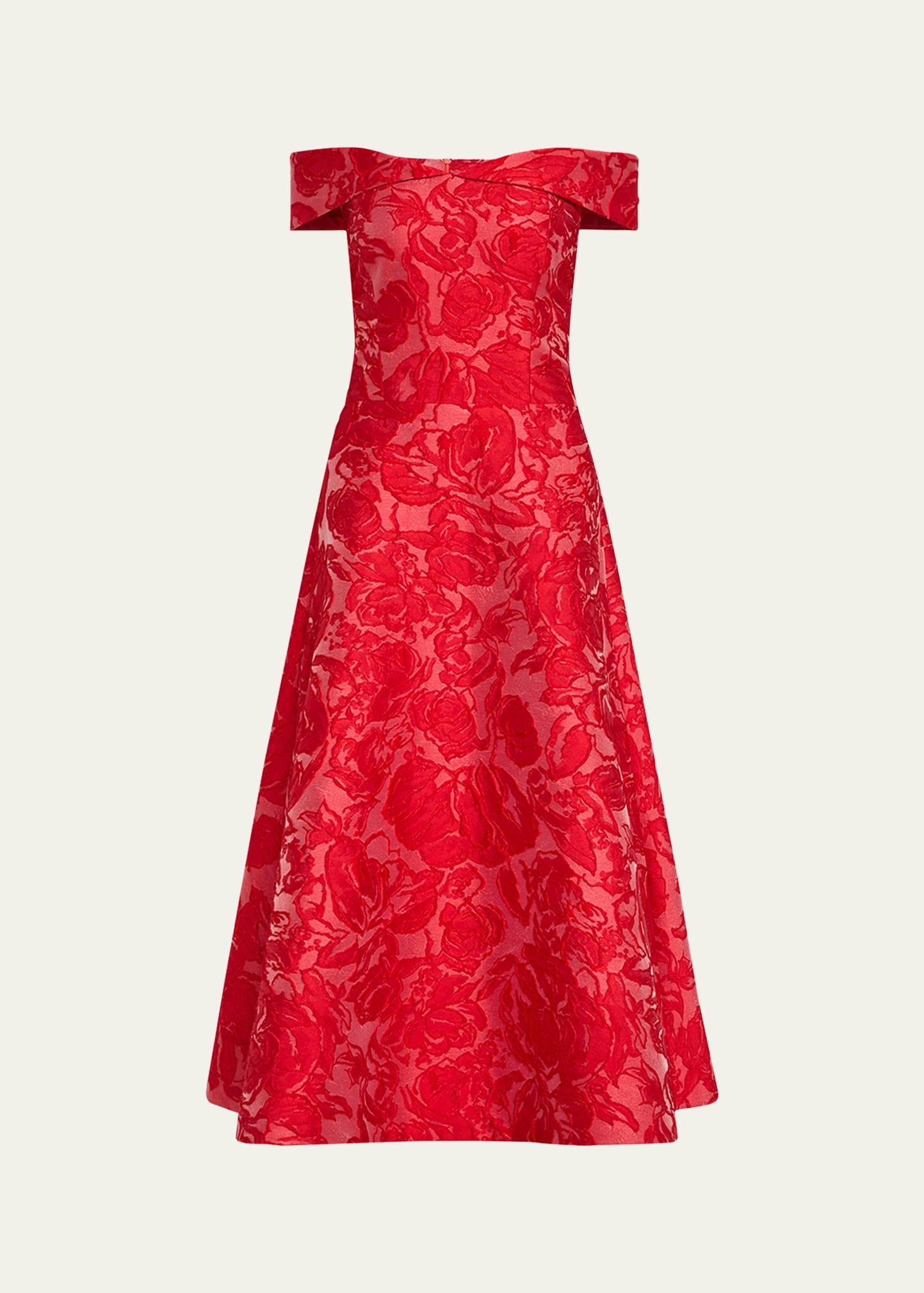 off-shoulder floral jacquard midi dress