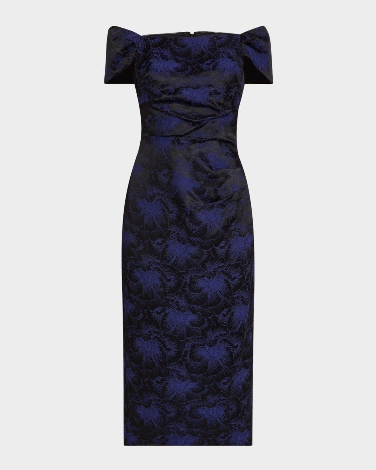 off-shoulder floral jacquard midi dress