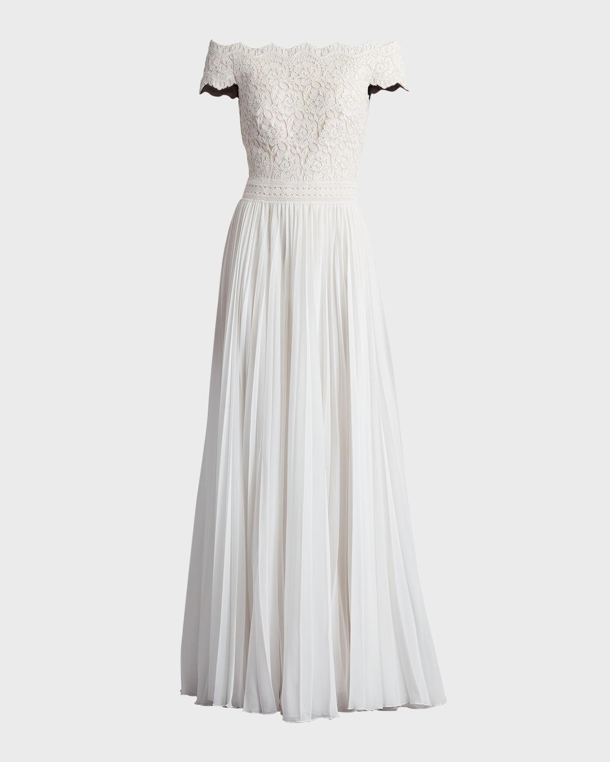 off-shoulder floral lace & pleated chiffon gown
