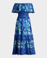 off-shoulder floral-print & lace midi dress