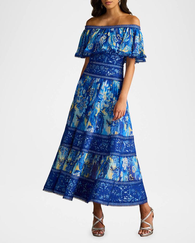 off-shoulder floral-print & lace midi dress