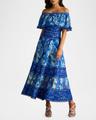off-shoulder floral-print & lace midi dress