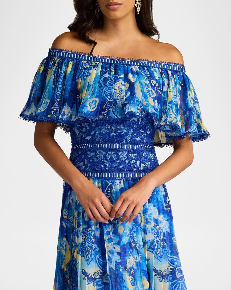 off-shoulder floral-print & lace midi dress