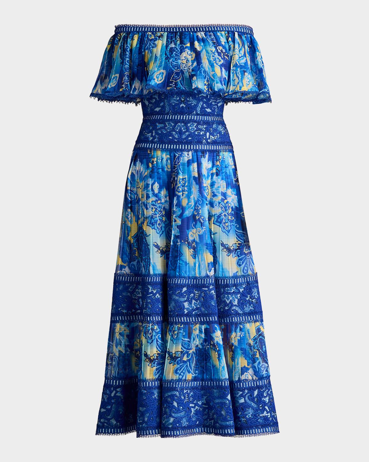 off-shoulder floral-print & lace midi dress