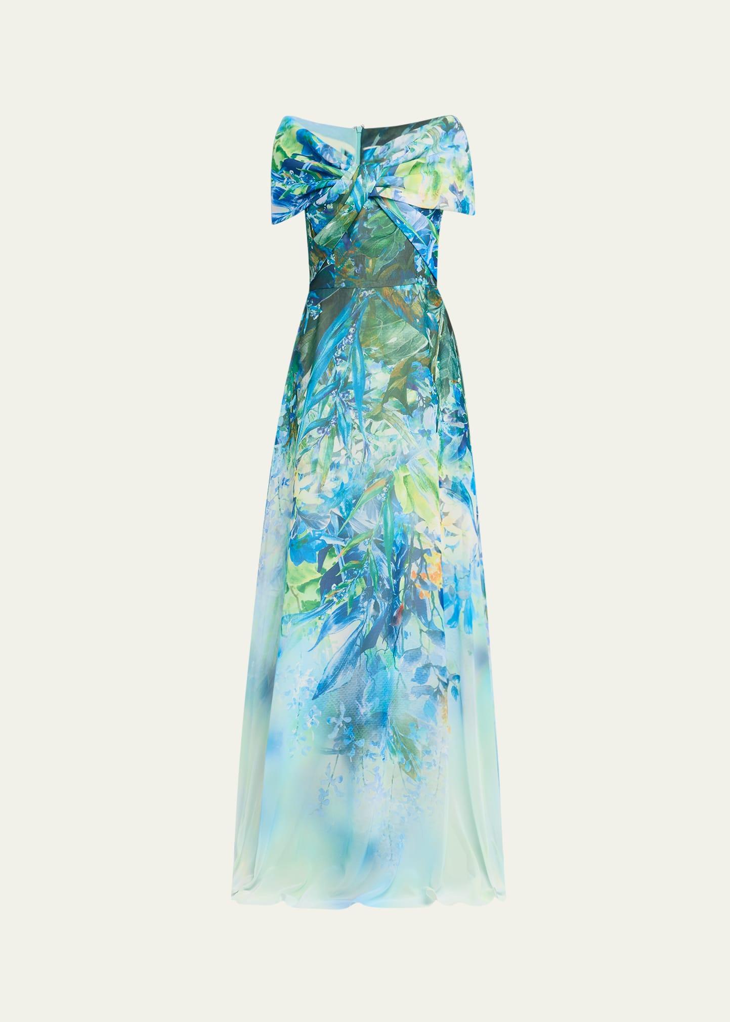 off-shoulder floral-print chiffon gown