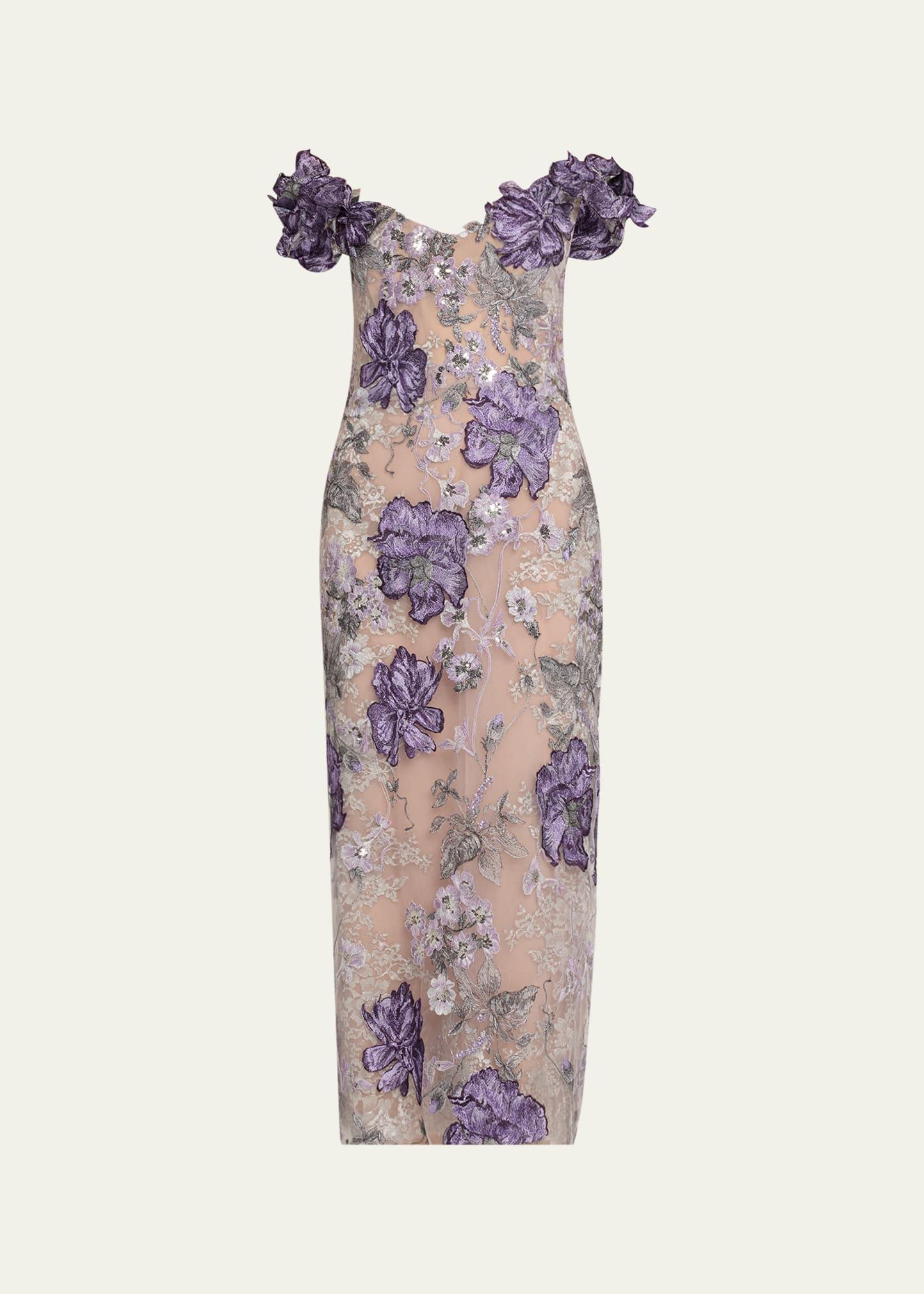 off-shoulder floral threadwork cocktail dress