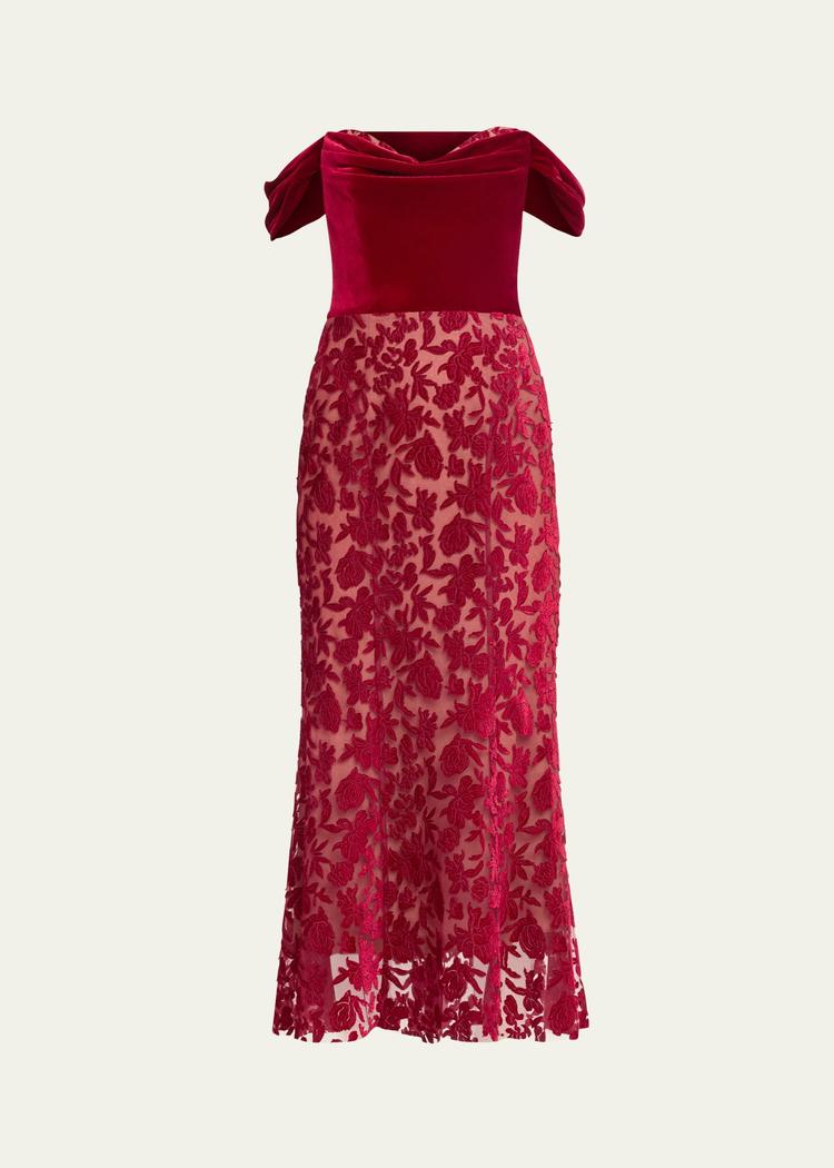 off-shoulder floral velvet midi dress