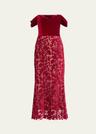 off-shoulder floral velvet midi dress