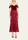 off-shoulder floral velvet midi dress