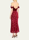 off-shoulder floral velvet midi dress
