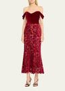 off-shoulder floral velvet midi dress