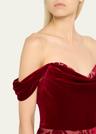 off-shoulder floral velvet midi dress