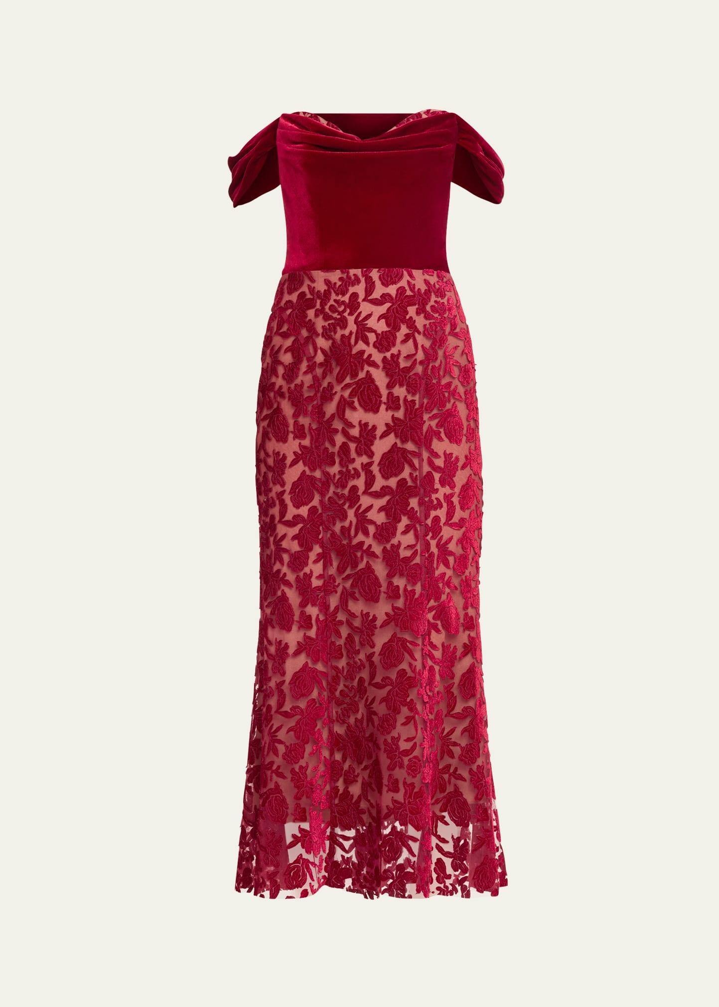 off-shoulder floral velvet midi dress