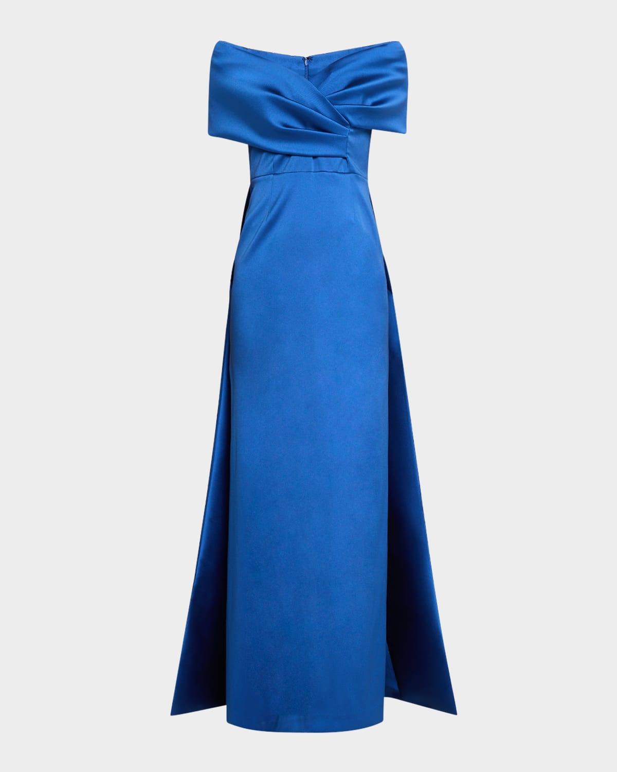 off-shoulder gazar cape gown