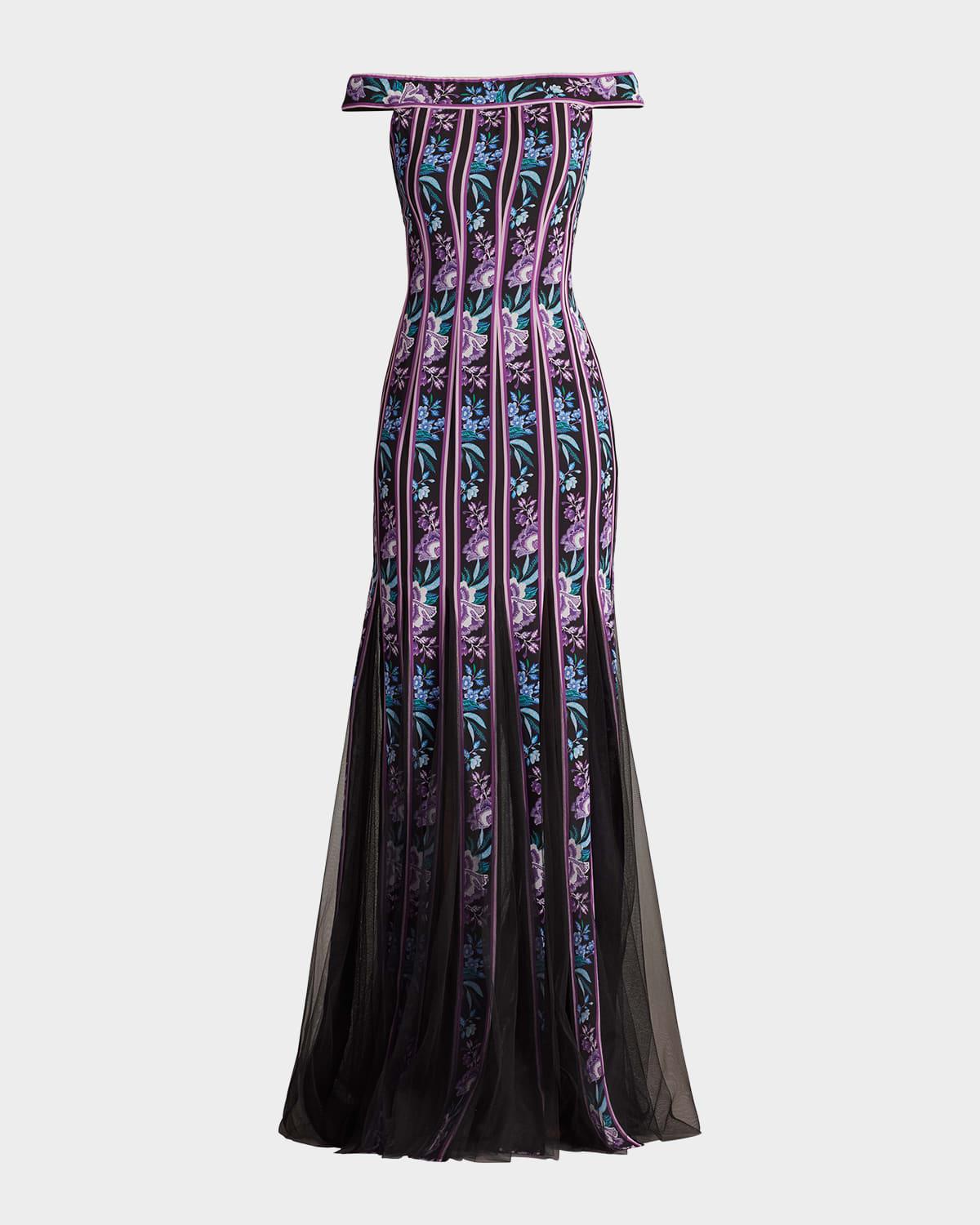 off-shoulder godet gown