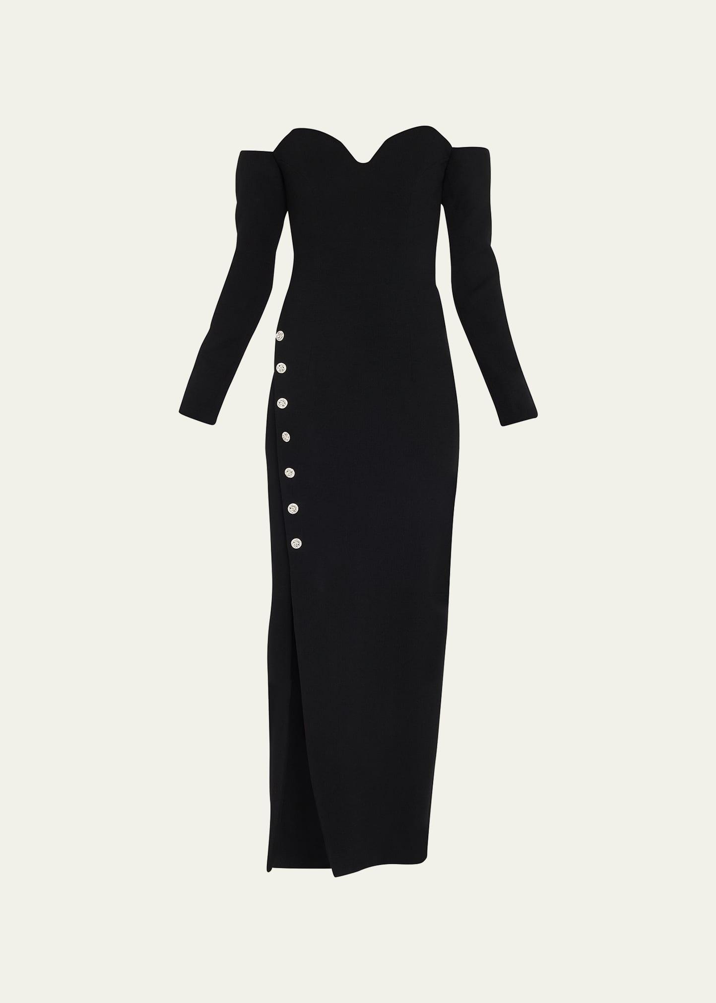 off-shoulder gown w rhinestone detail buttons