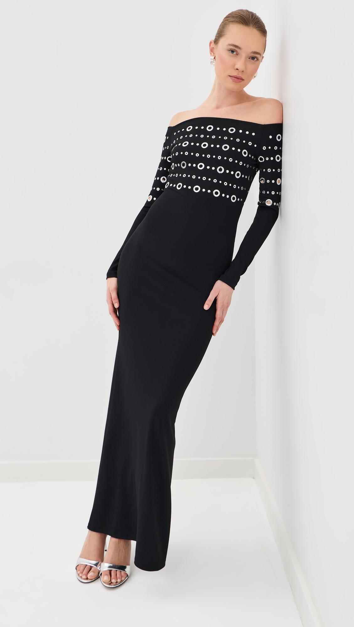 off shoulder grommet maxi dress