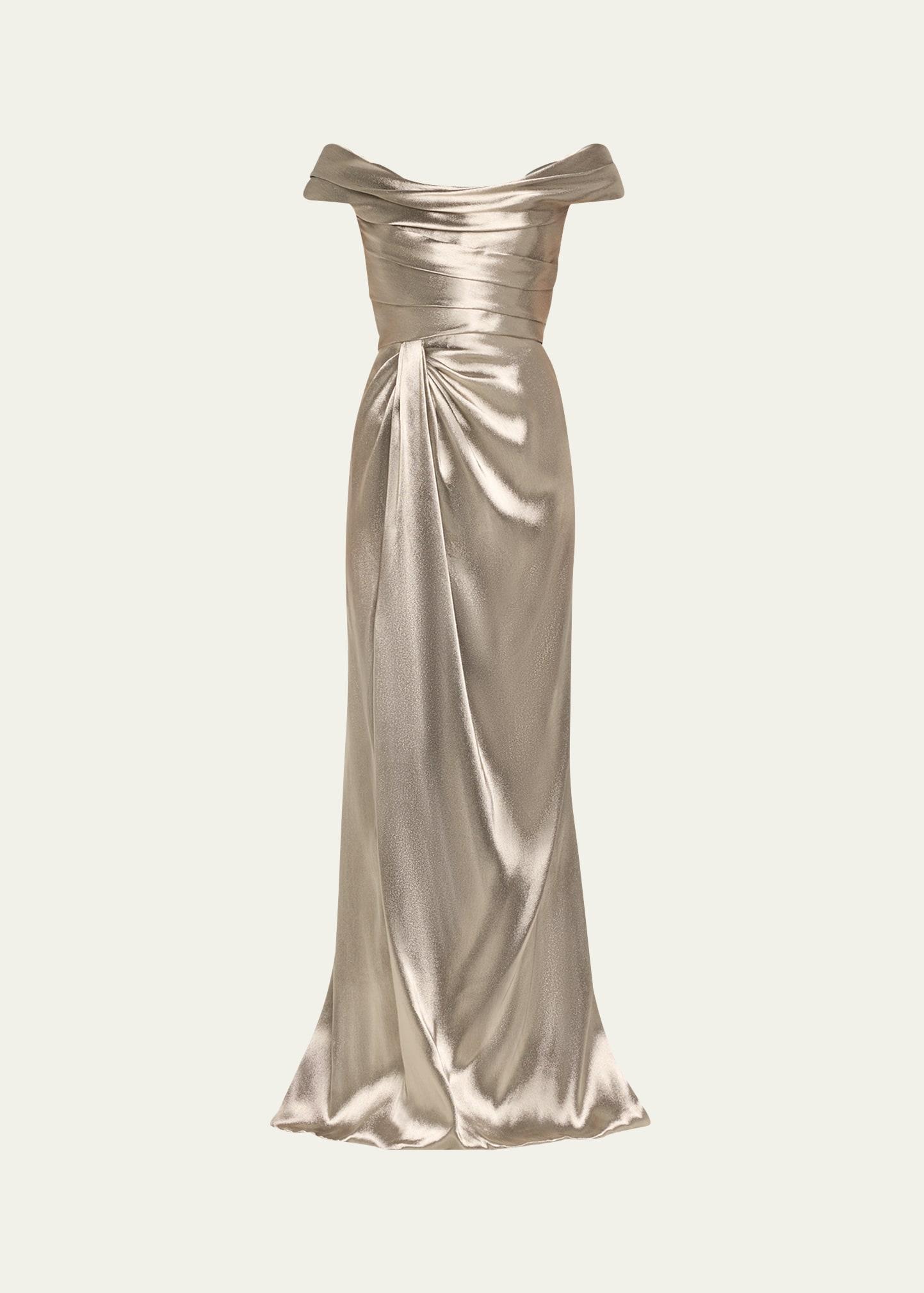off-shoulder hand draped metallic gown with slit