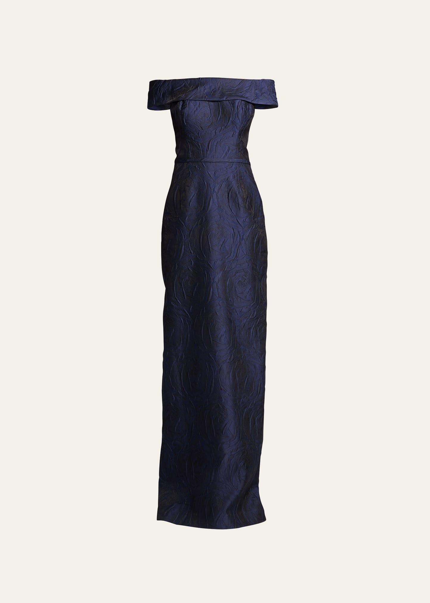 off-shoulder jacquard column gown