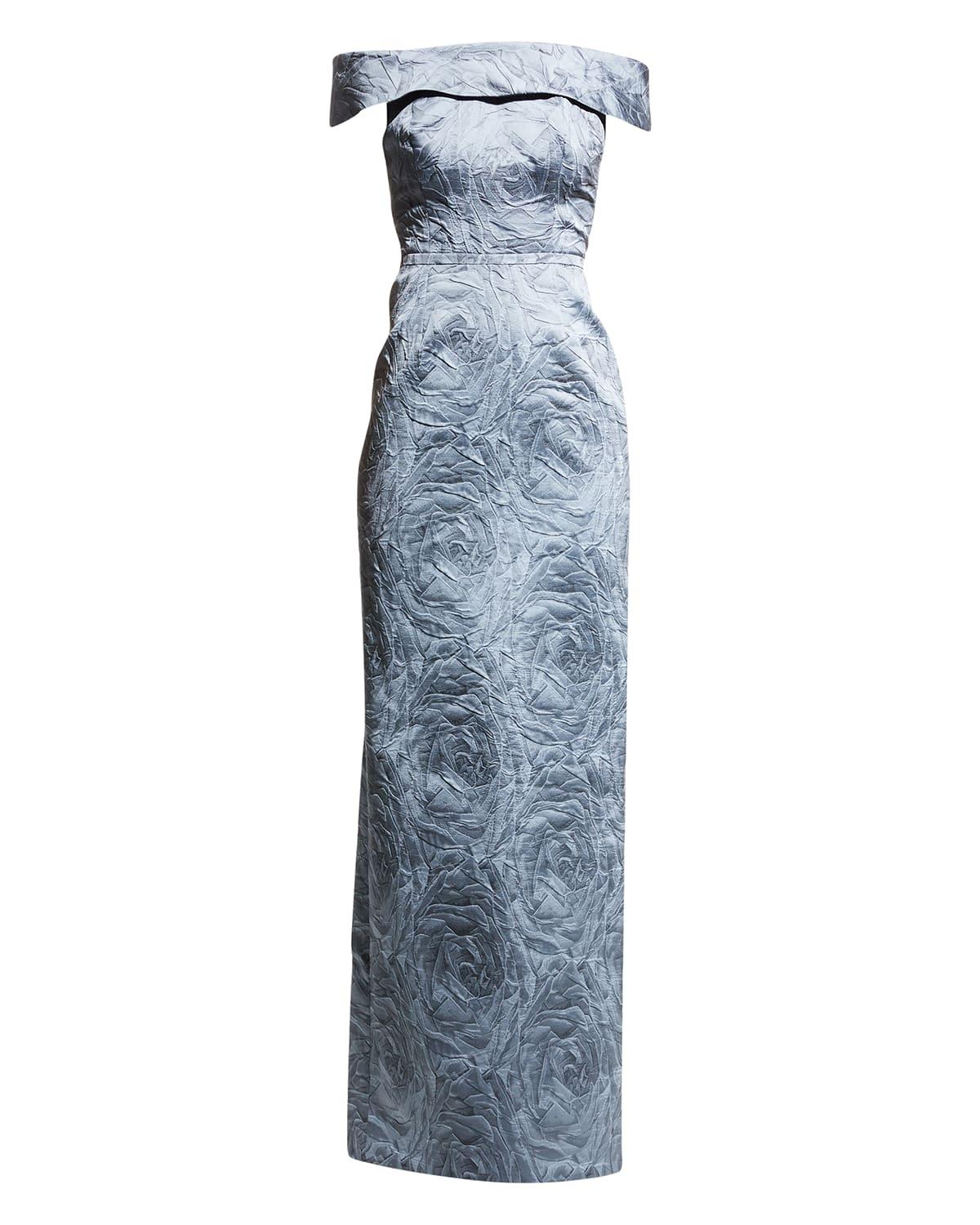 off-shoulder jacquard column gown