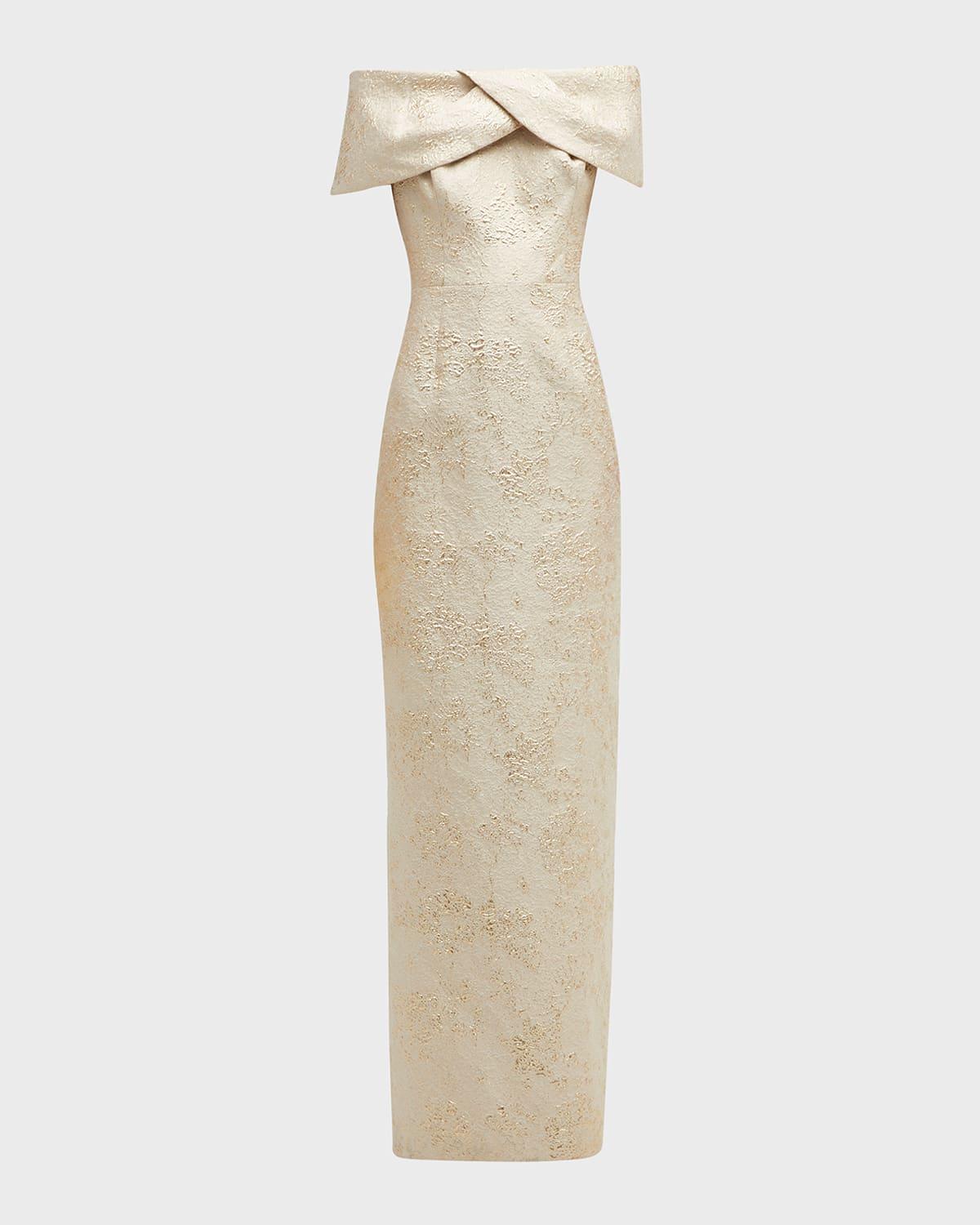 off-shoulder jacquard column gown