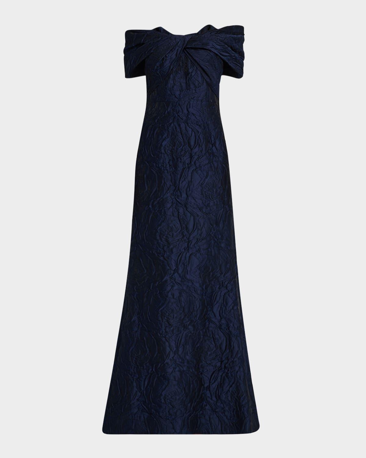 off-shoulder jacquard trumpet gown