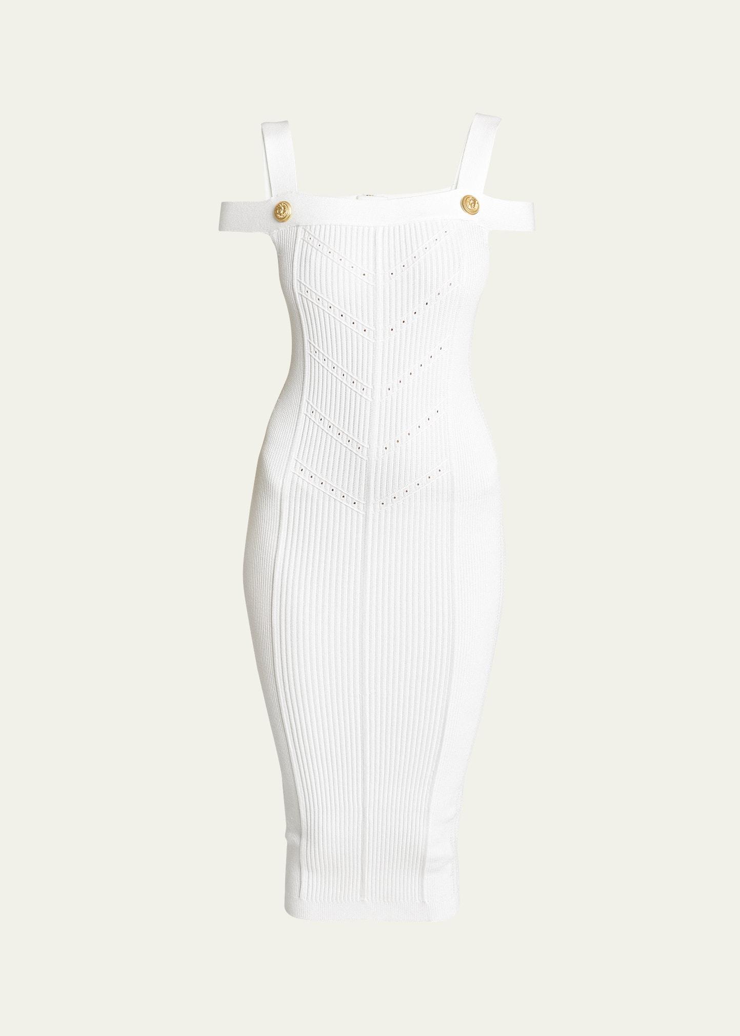 off-shoulder knit midi dress with button details