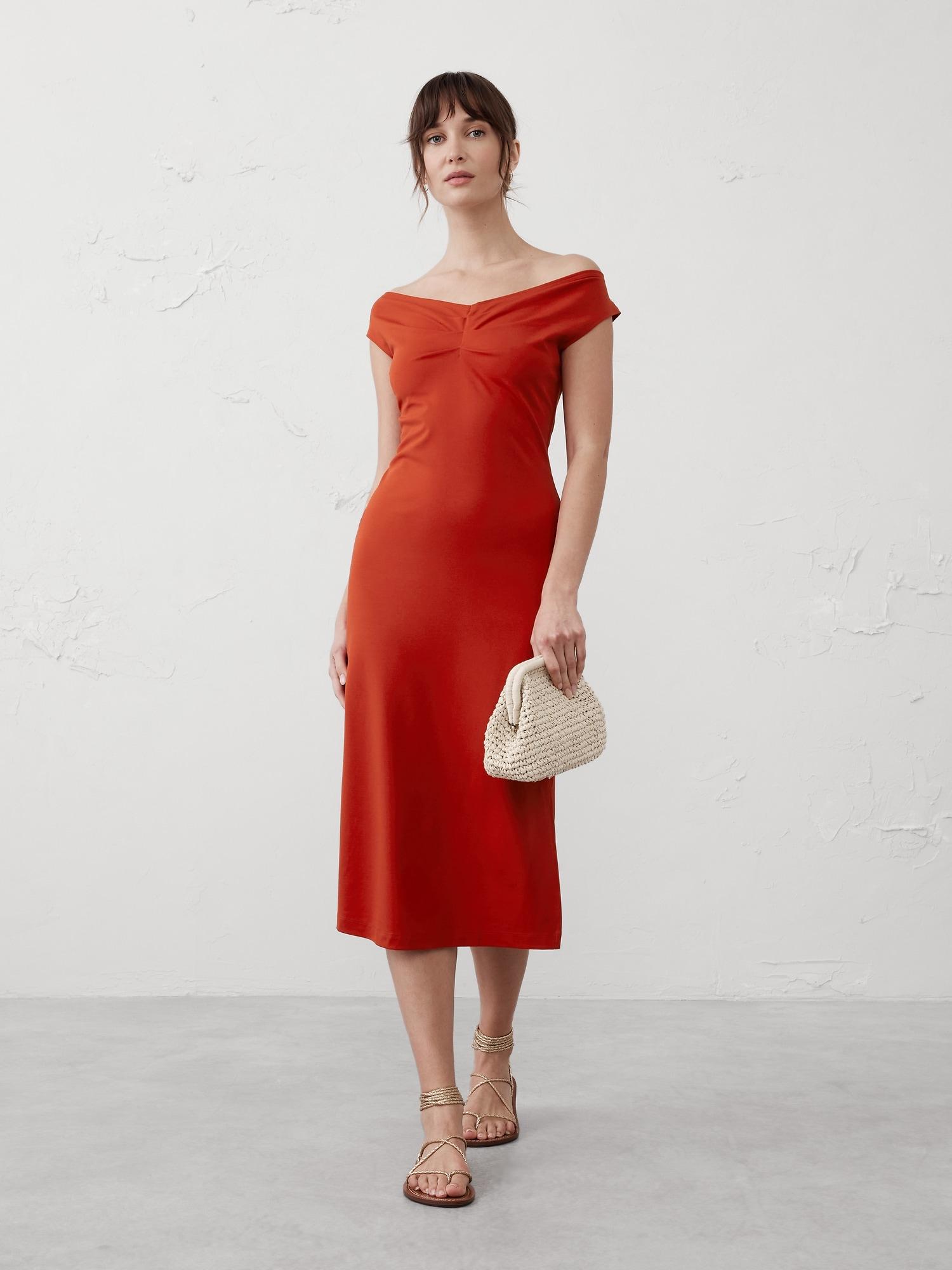 off-shoulder knit midi dress