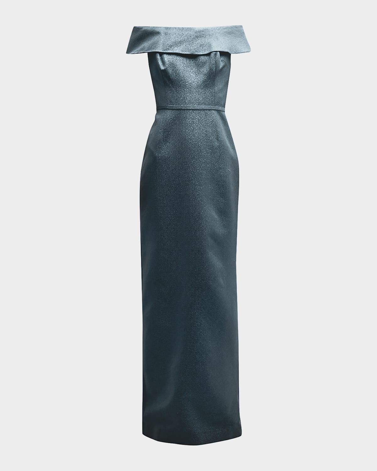 off-shoulder metallic column gown