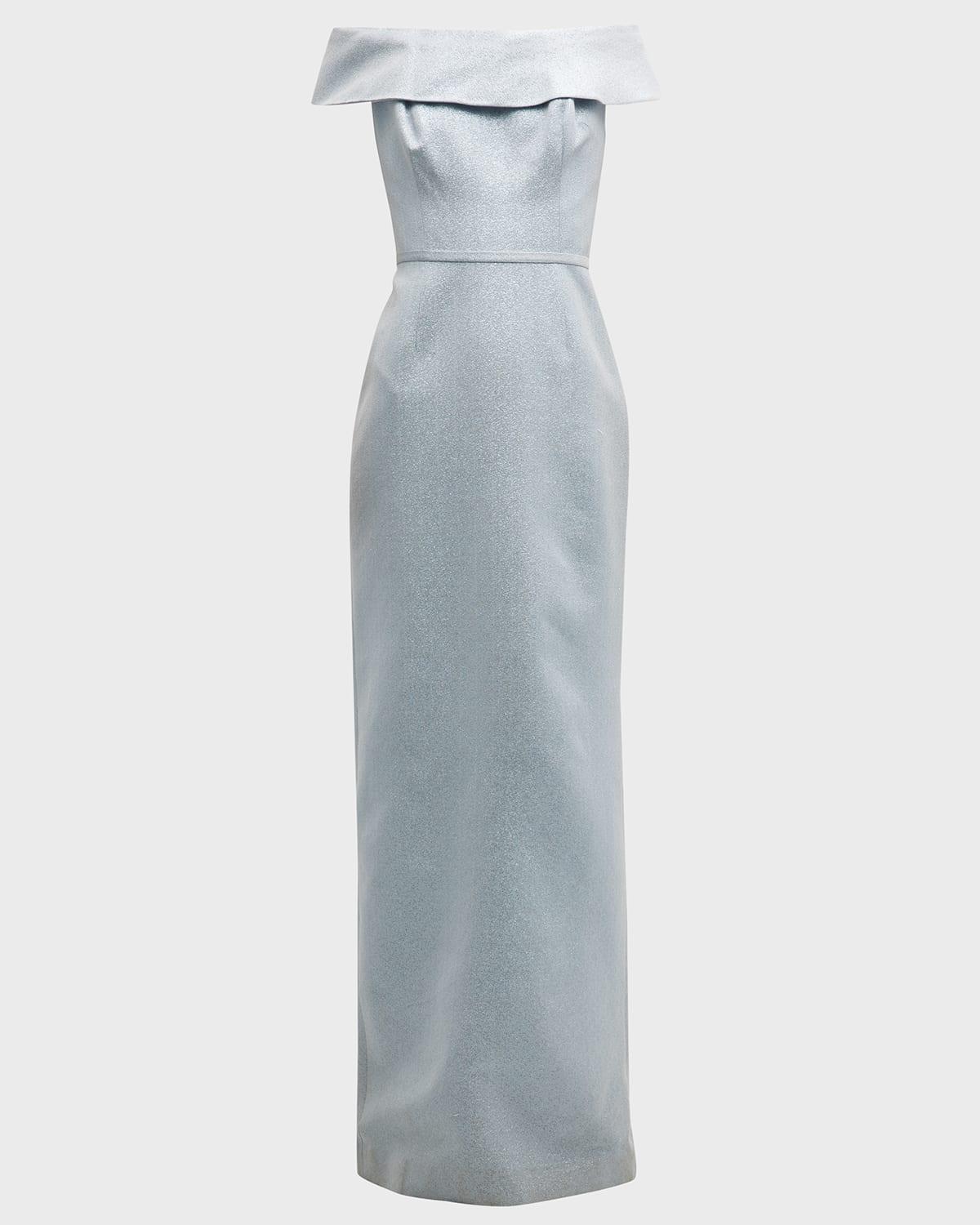 off-shoulder metallic column gown