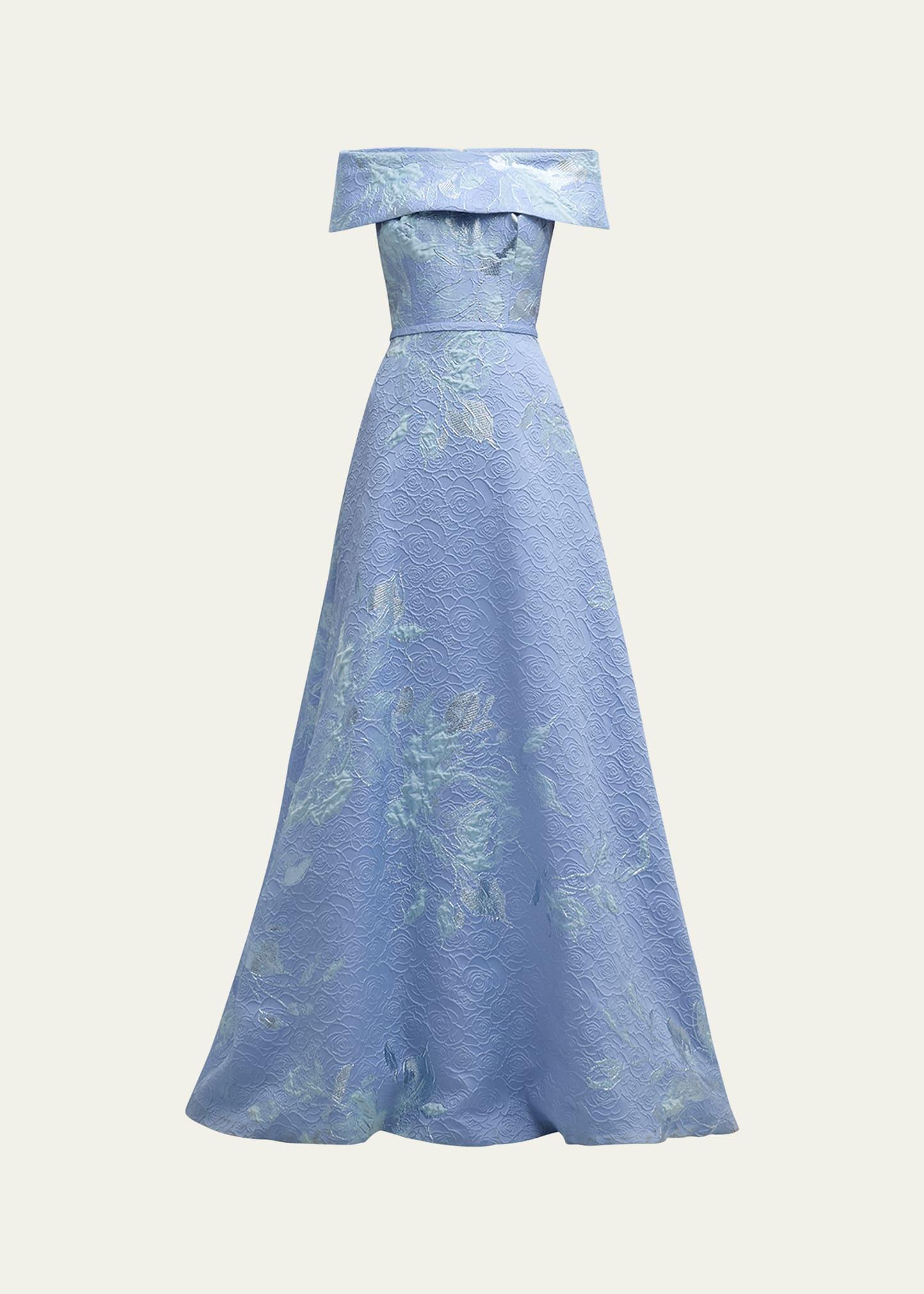 off-shoulder metallic flower jacquard gown