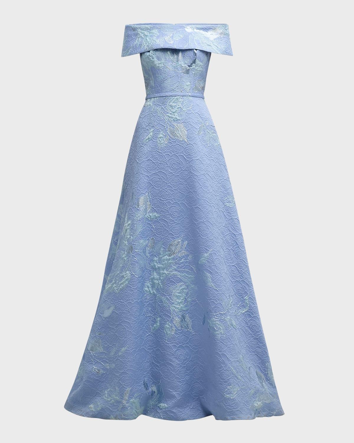 off-shoulder metallic flower jacquard gown