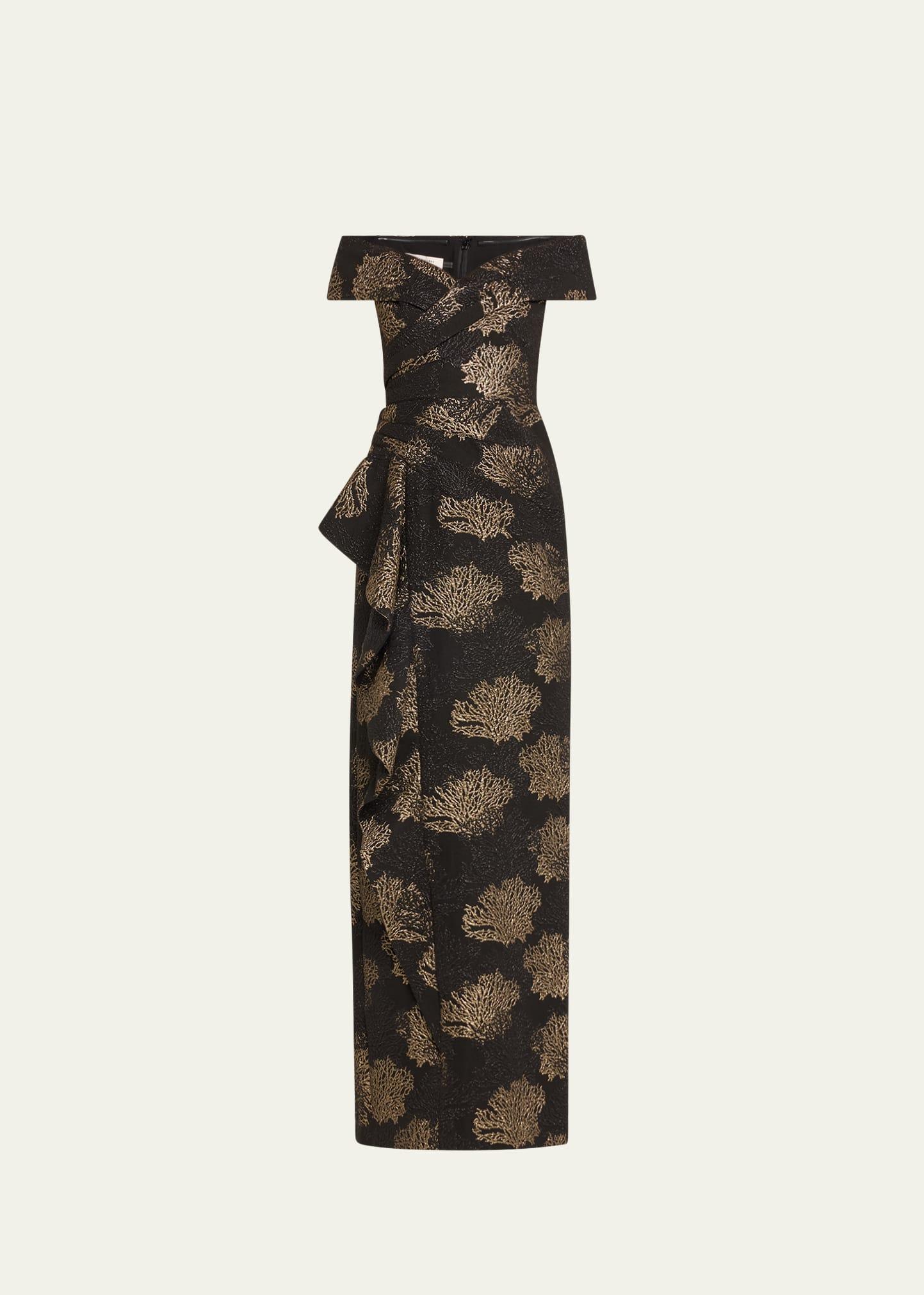 off-shoulder metallic jacquard column gown