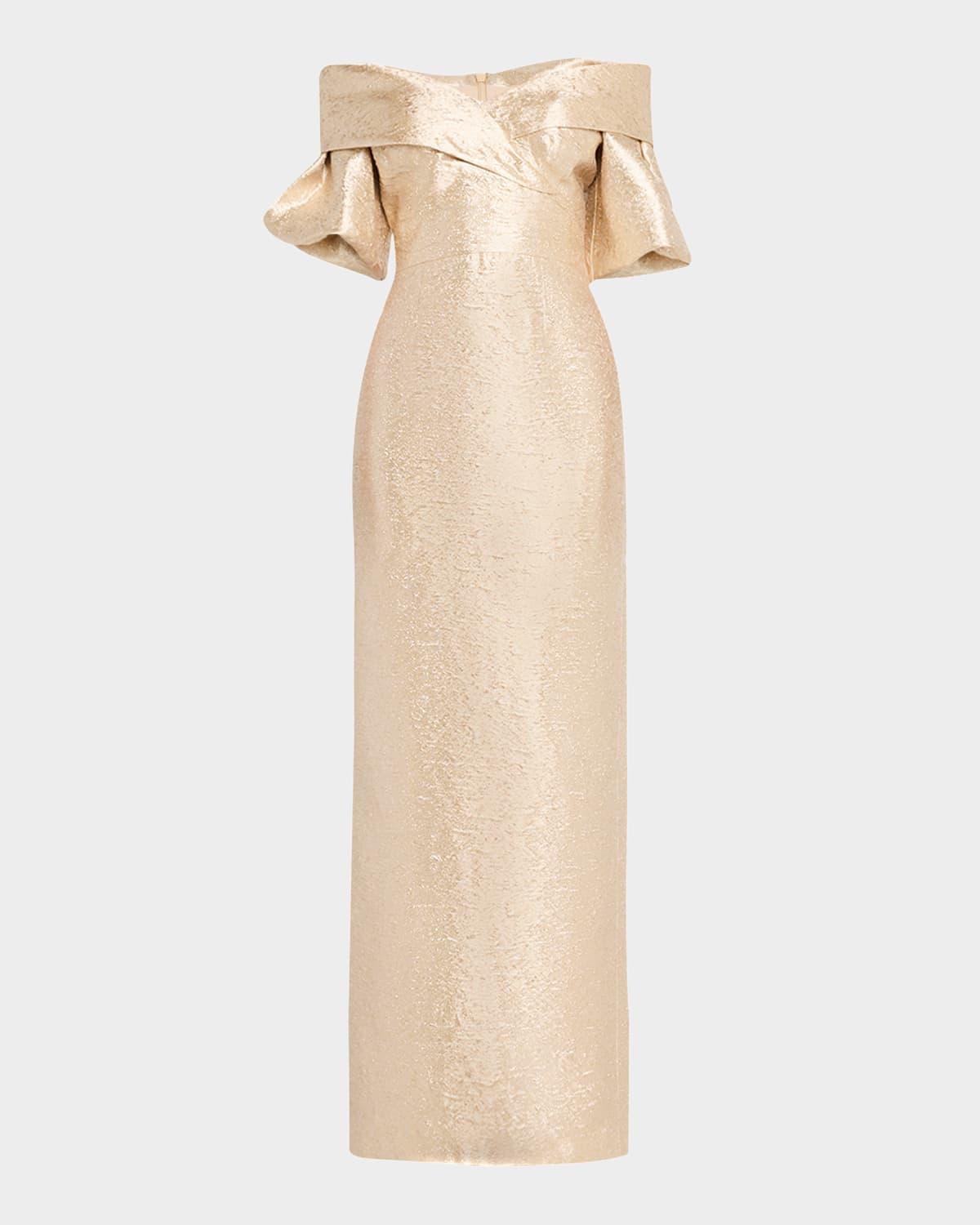 off-shoulder metallic jacquard column gown