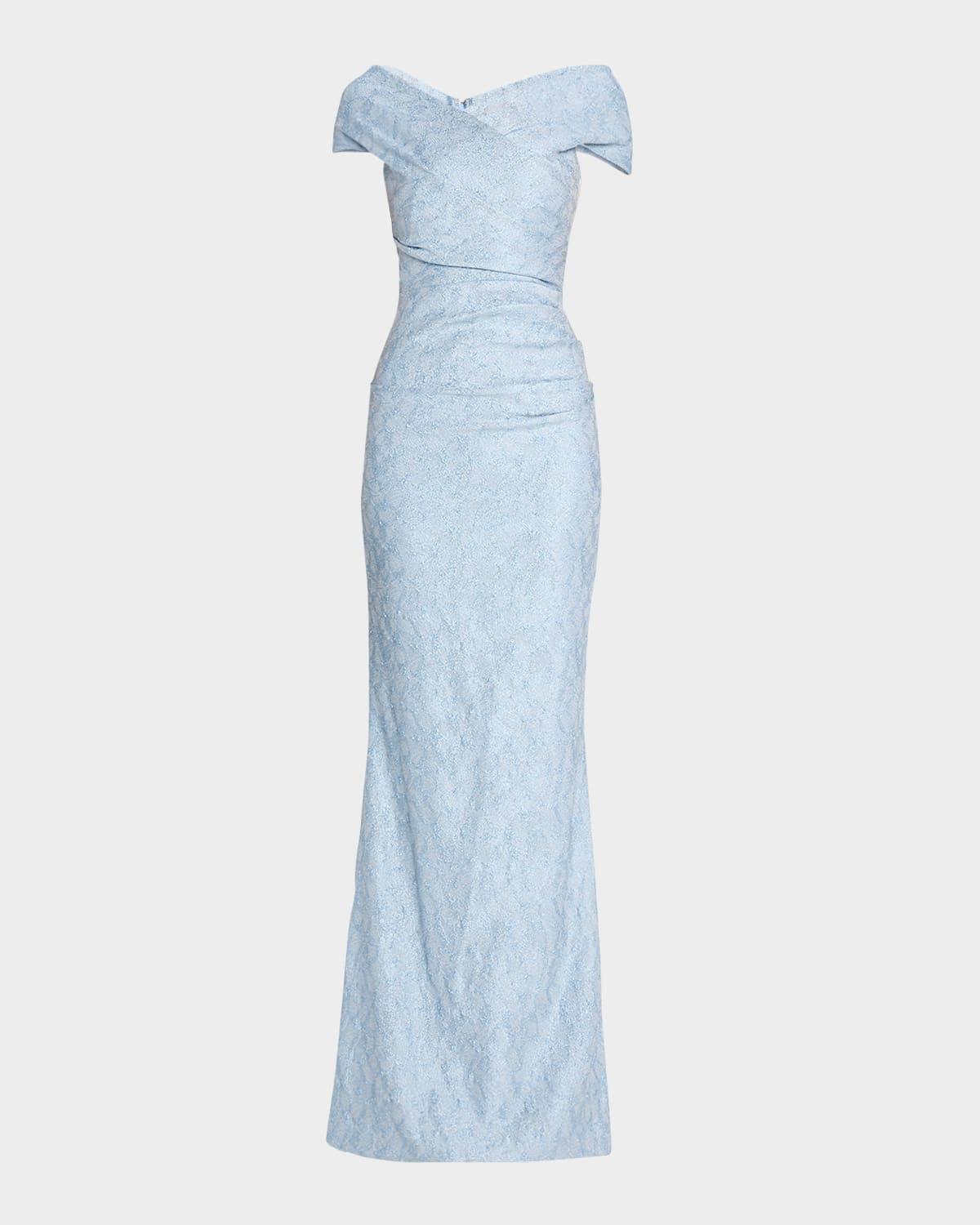 off-shoulder metallic jacquard column gown
