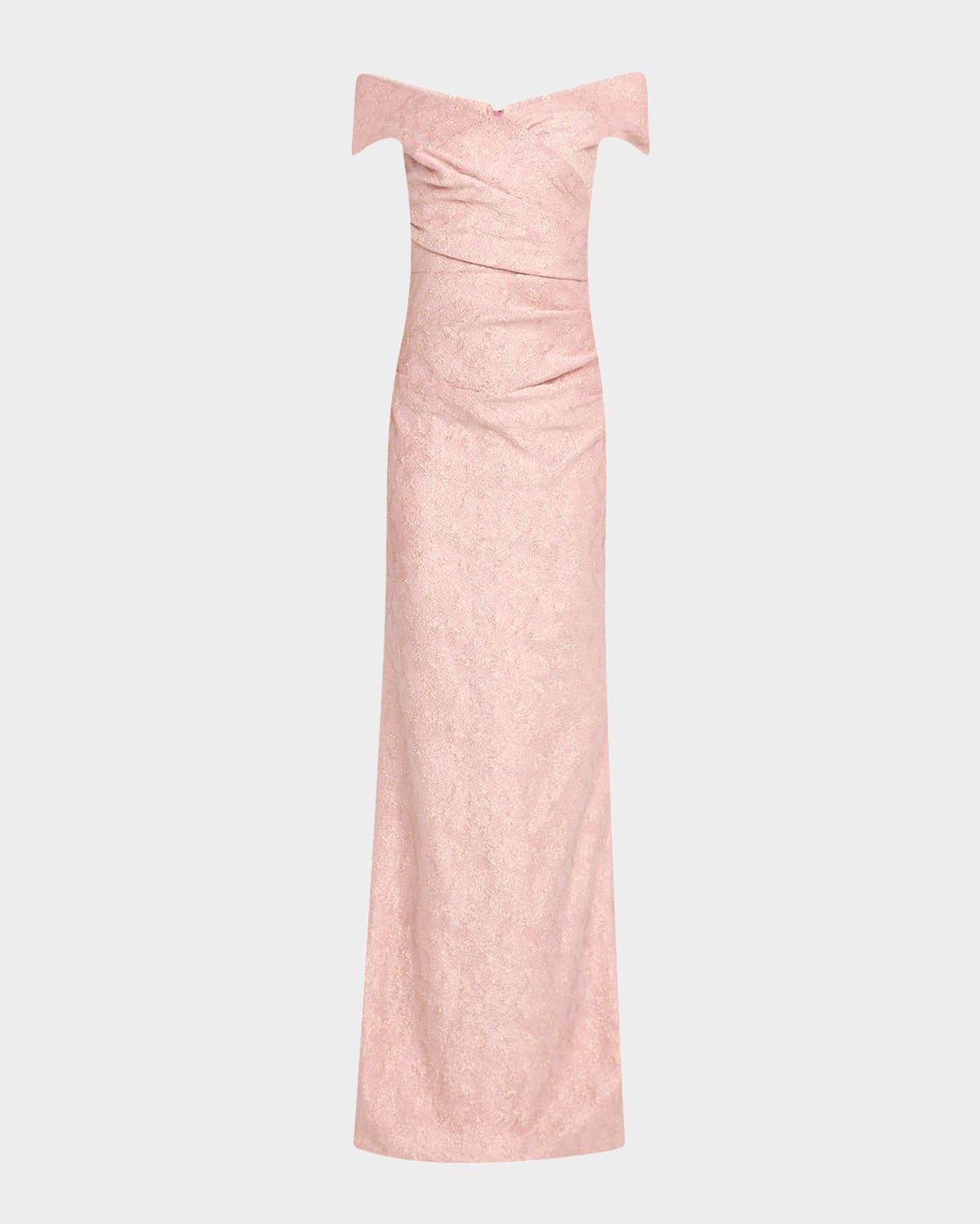 off-shoulder metallic jacquard column gown