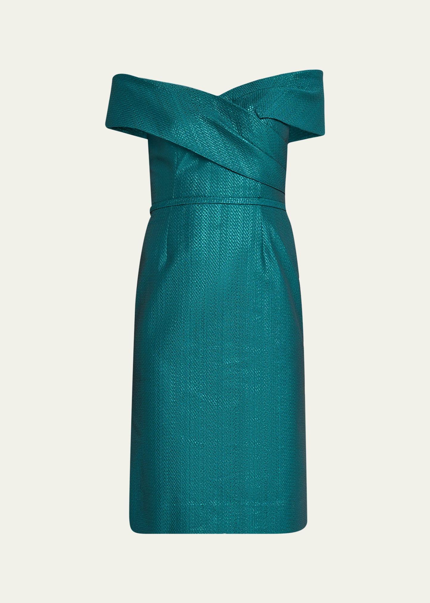 off-shoulder metallic jacquard dress