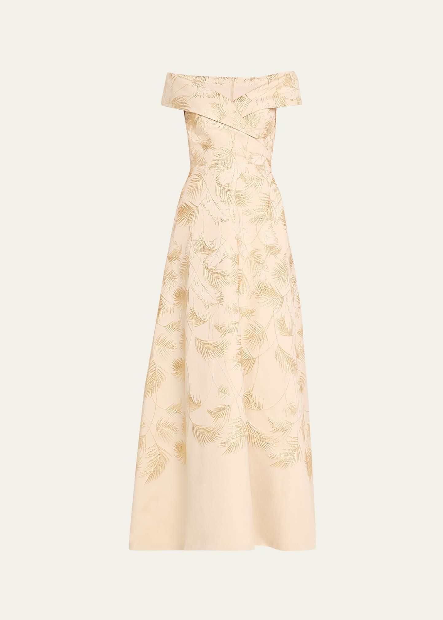 off-shoulder metallic jacquard gown