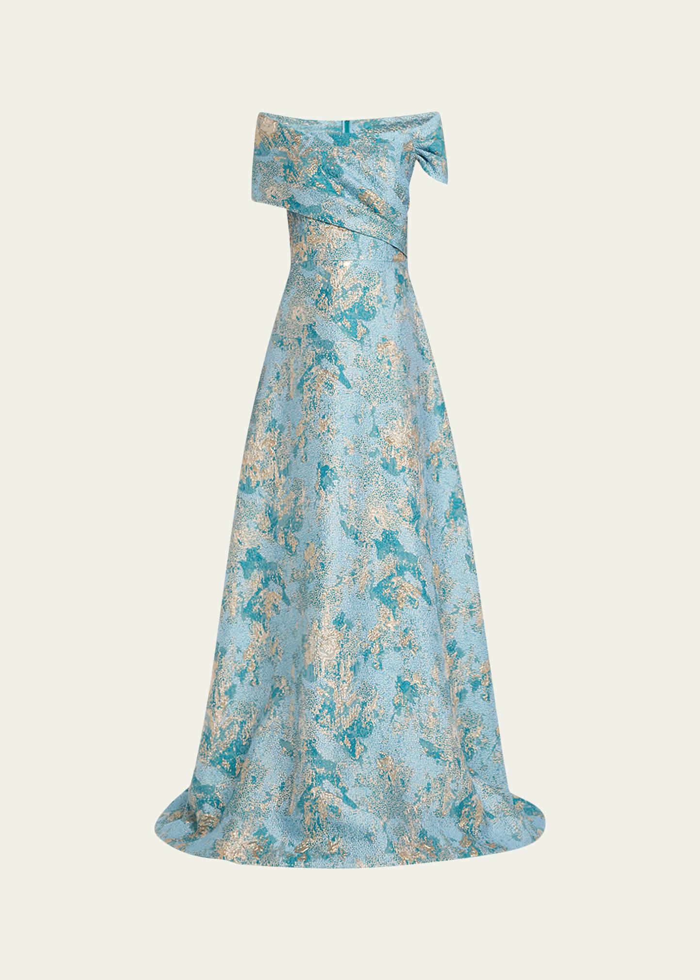 off-shoulder metallic jacquard gown