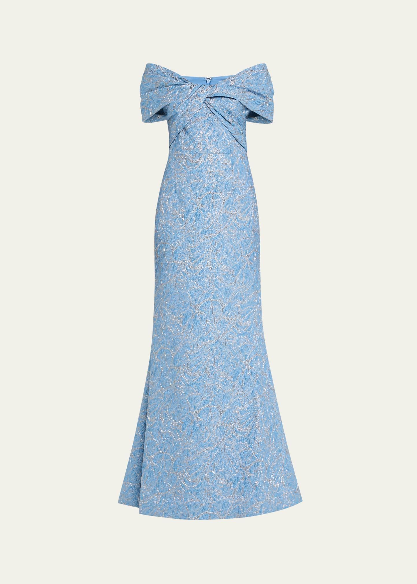 off-shoulder metallic jacquard gown