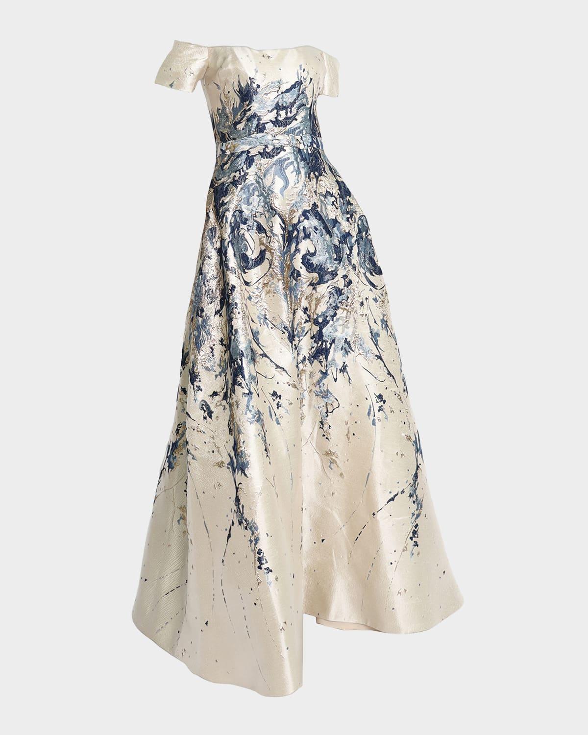 off-shoulder metallic jacquard gown