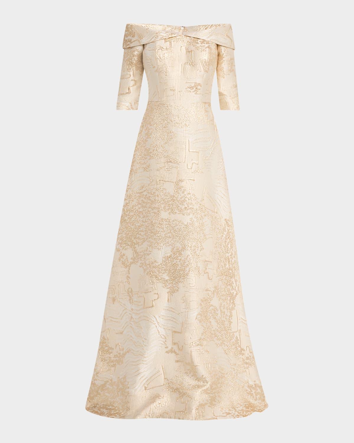 off-shoulder metallic jacquard gown