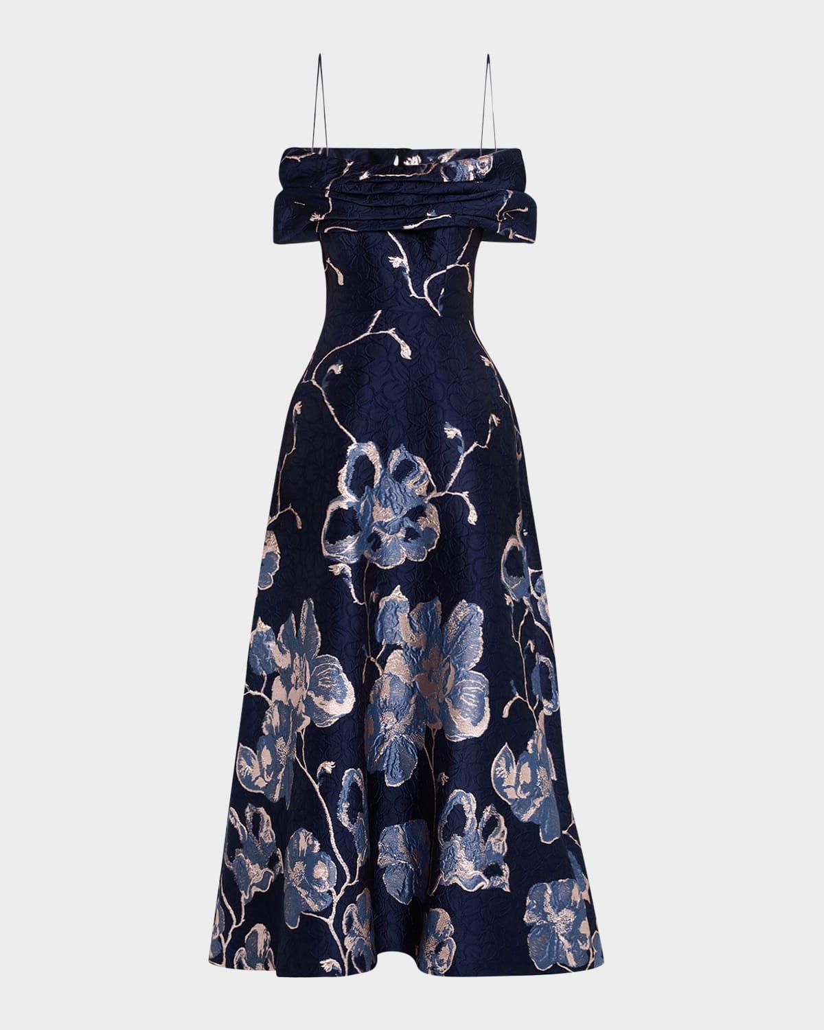 off-shoulder metallic jacquard gown
