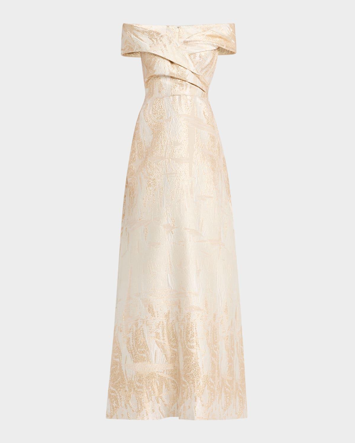 off-shoulder metallic jacquard gown
