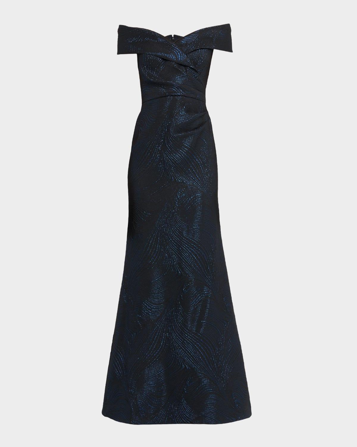 off-shoulder metallic jacquard gown