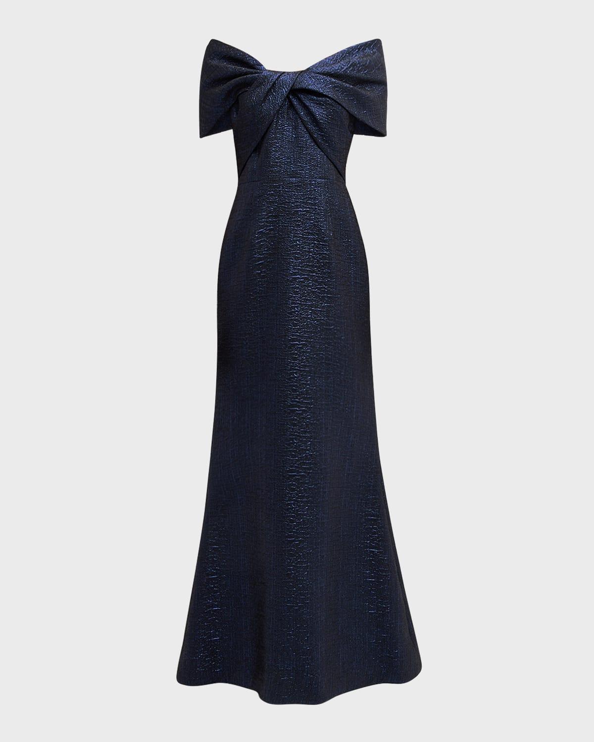 off-shoulder metallic jacquard mermaid gown