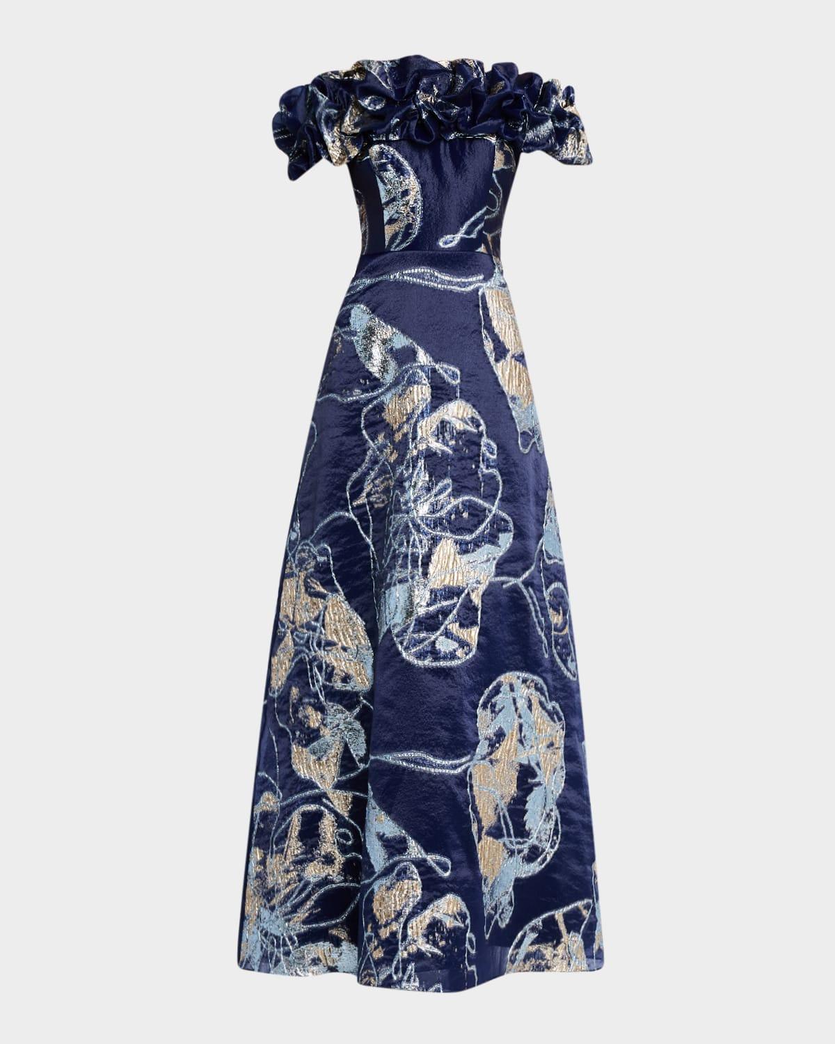 off-shoulder metallic organza jacquard gown