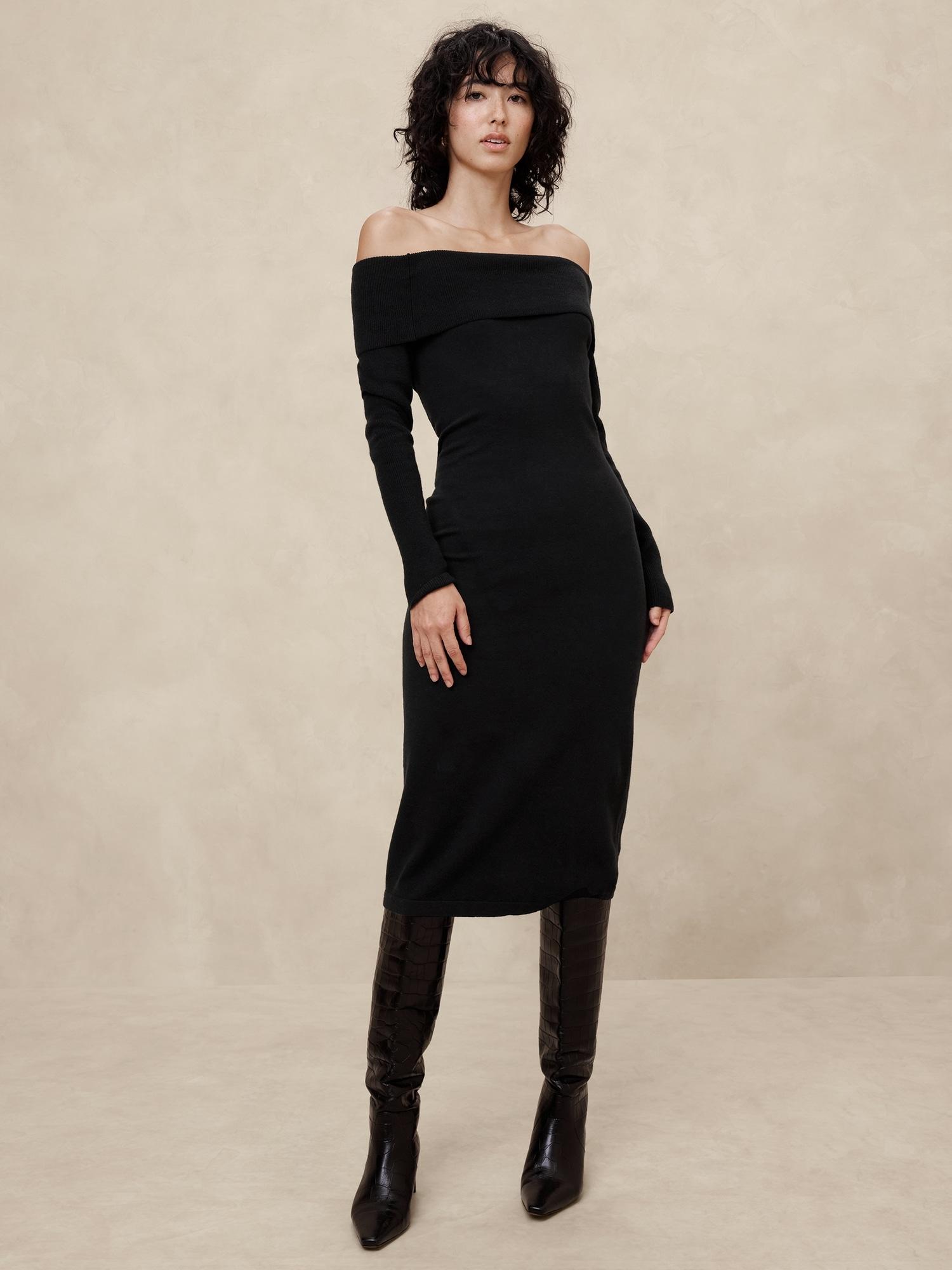 off-shoulder midi sweater dress