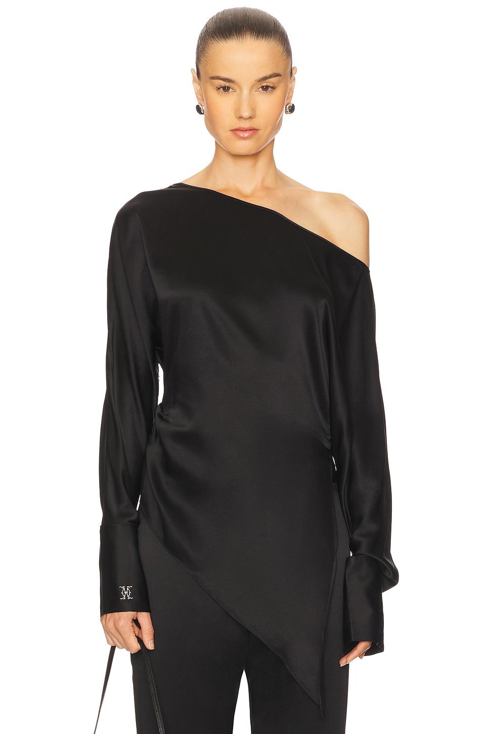 off shoulder monogram silk top