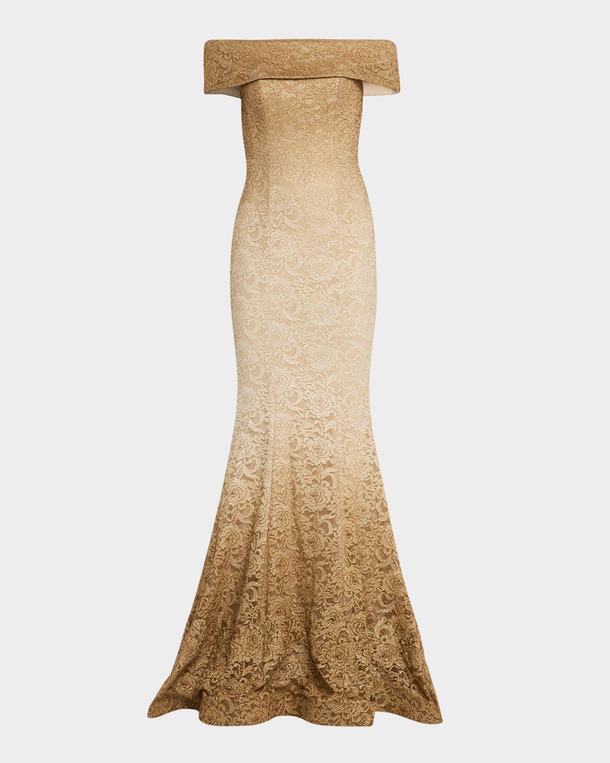 off-shoulder ombre shimmer lace mermaid gown